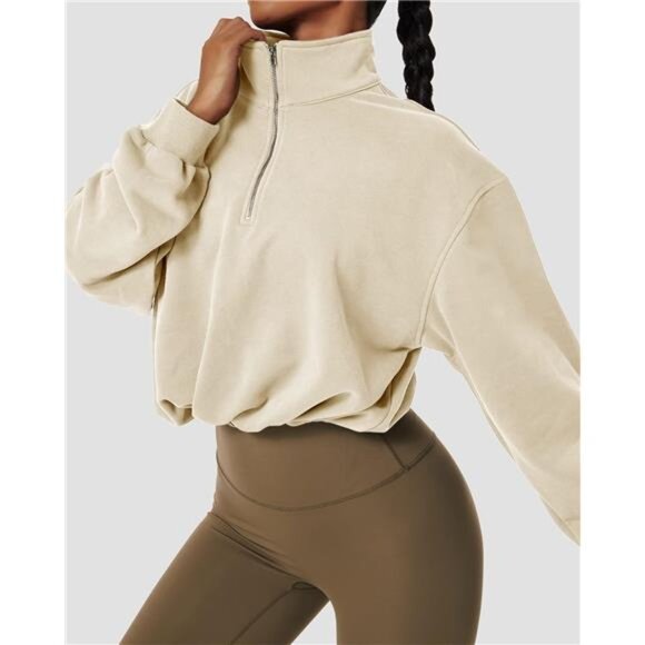 Women's Half Zip High Neck Crop Sweatshirt Long Sleeve Pullover Athletic Top - Picture 4 of 8